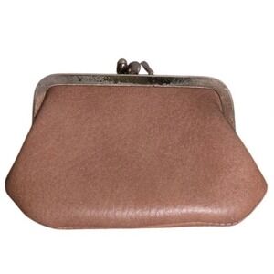 Vintage Tan Leather Double Kiss Lock Coin Purse Dual Compartment RED LINING